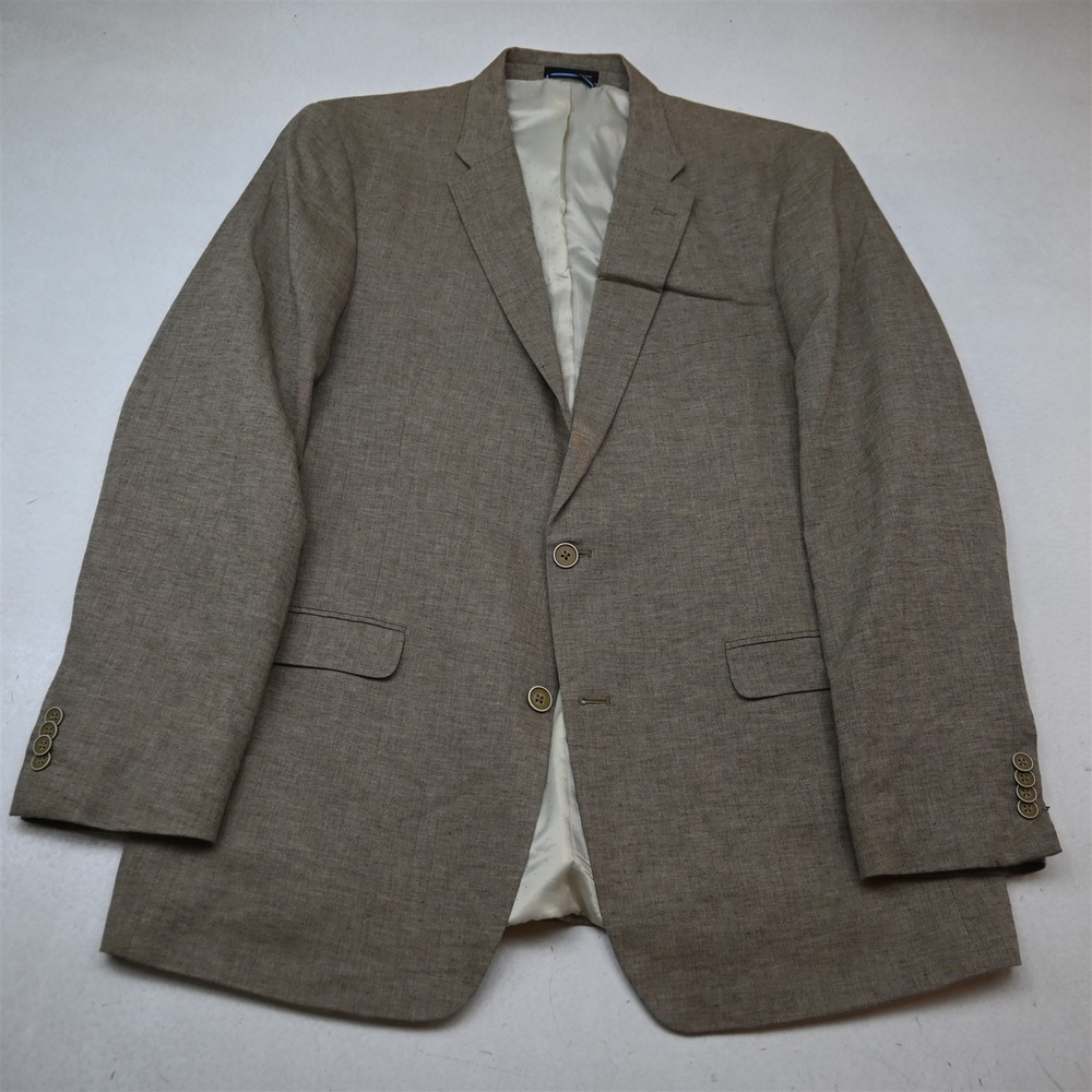 Tommy Hilfiger 44L Khaki Tan Brown Herringbone Cotton Linen Blazer Sport Coat